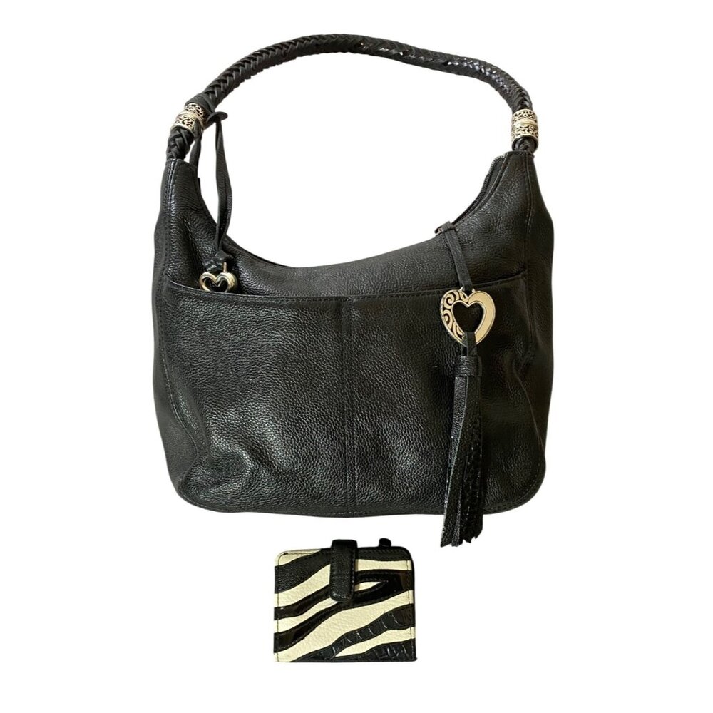 Brighton Black Pebbled Leather Shoulder Bag Braided Strap & Zebra Print Wallet